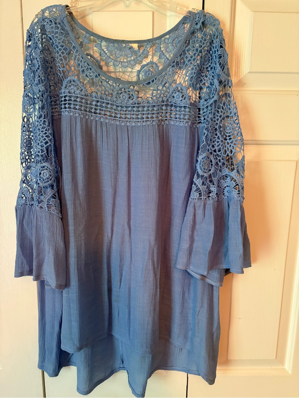 Trendy boutique Blue Crochet Yoke Lightweight Gauze Tunic
